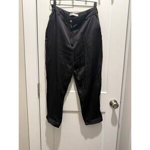 Zara Women's Black Silk Satin Straight Leg High Waist Crop Trousers Pants L